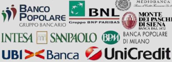 I loghi di alcune delle maggiori banche italiane. Spiccano Intesa e Unicredit.
