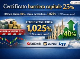 Barriera capitale al 25% e cedolare al 40% su azioni del FTSE Mib: Cedole fino al 12,30% annuo barriera capitale 25%